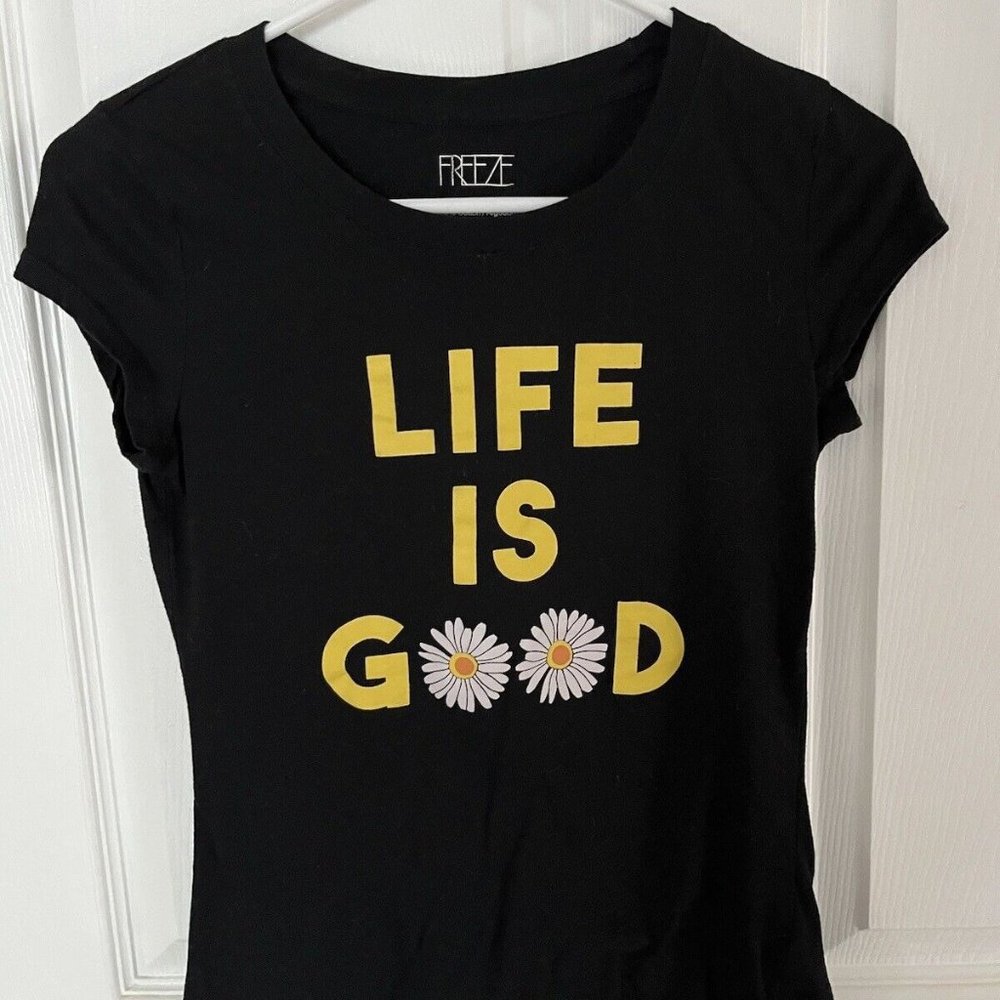 Freeze Girl's "Life Is Good" Tee Shirt Sz Med Black Yellow Daisies Cap Sleeves